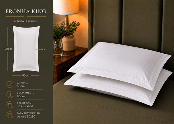 Par de Fronha King 50cm por 90cm 100% Algodão Egipcio 600 Fios com Aba Estilo Americana